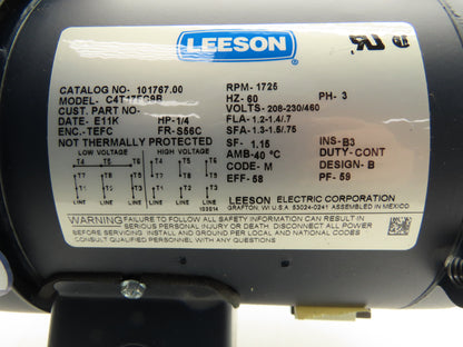 Leeson Electric C4T17FC9B AC Motor 1/4Hp 1725 RPM 230/460V 3PH 56C TEFC