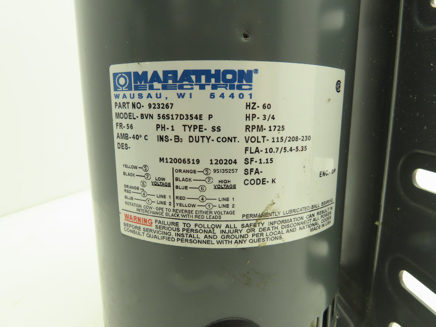 Marathon Electric BVN 56S17D354E P AC Motor 3/4 Hp 1725 RPM 115/208-230V 1Ph 56
