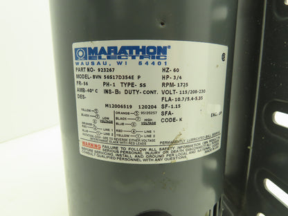 Marathon Electric BVN 56S17D354E P AC Motor 3/4 Hp 1725 RPM 115/208-230V 1Ph 56