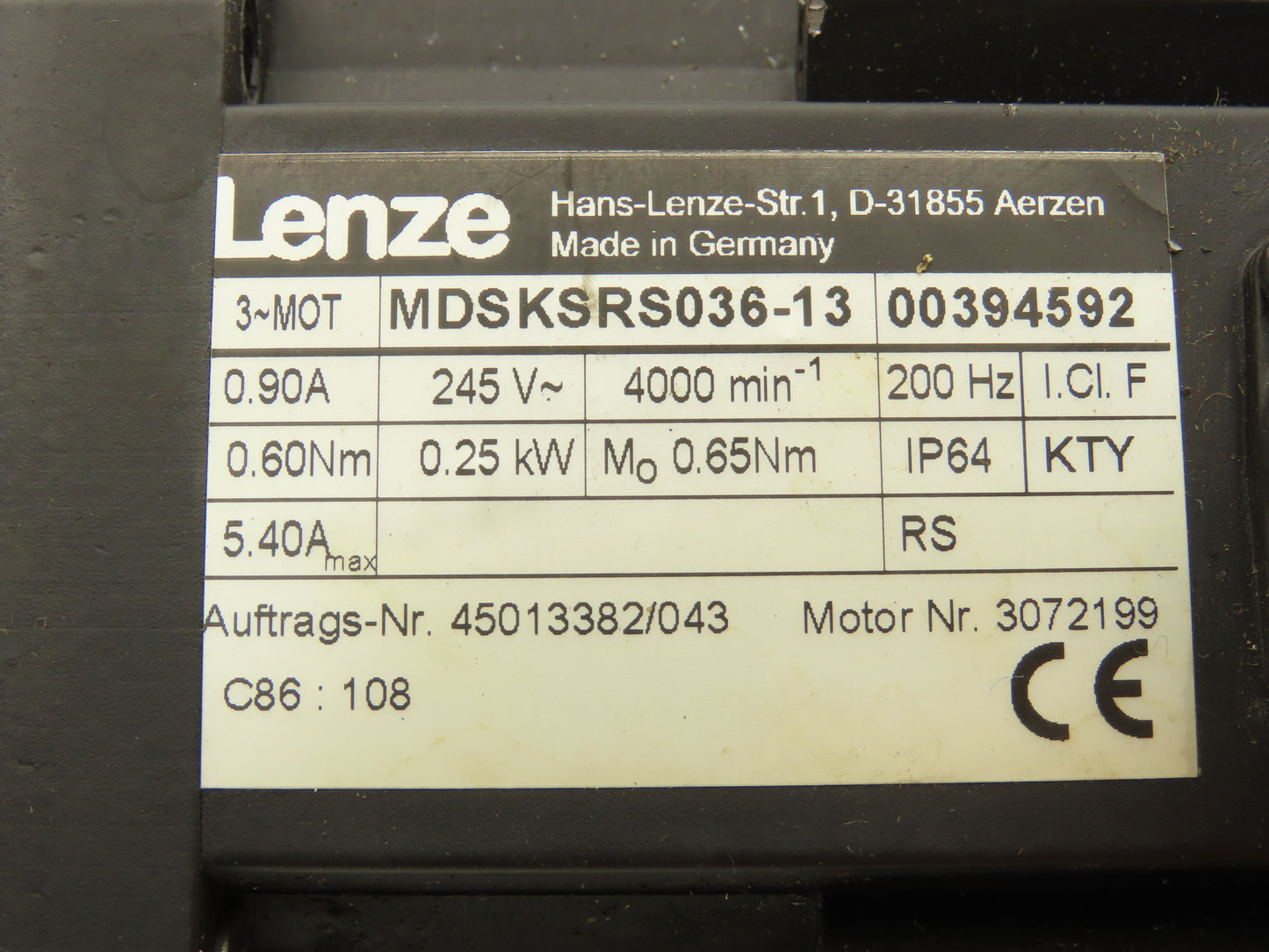 Lenze MDSKSRS036-13 Servo Motor .25kw 245V 3PH 4000 RPM 200Hz