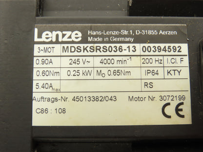 Lenze MDSKSRS036-13 Servo Motor .25kw 245V 3PH 4000 RPM 200Hz