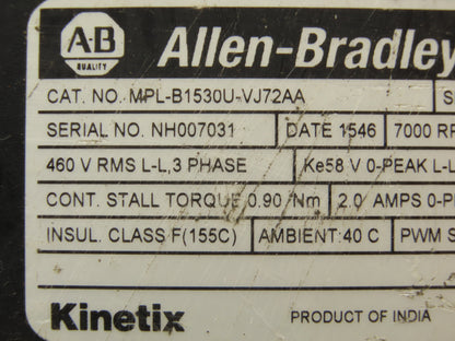 Allen Bradley MPL-B1530U-VJ72AA AC Servo Motor .39kw 460V 3PH 7000 RPM