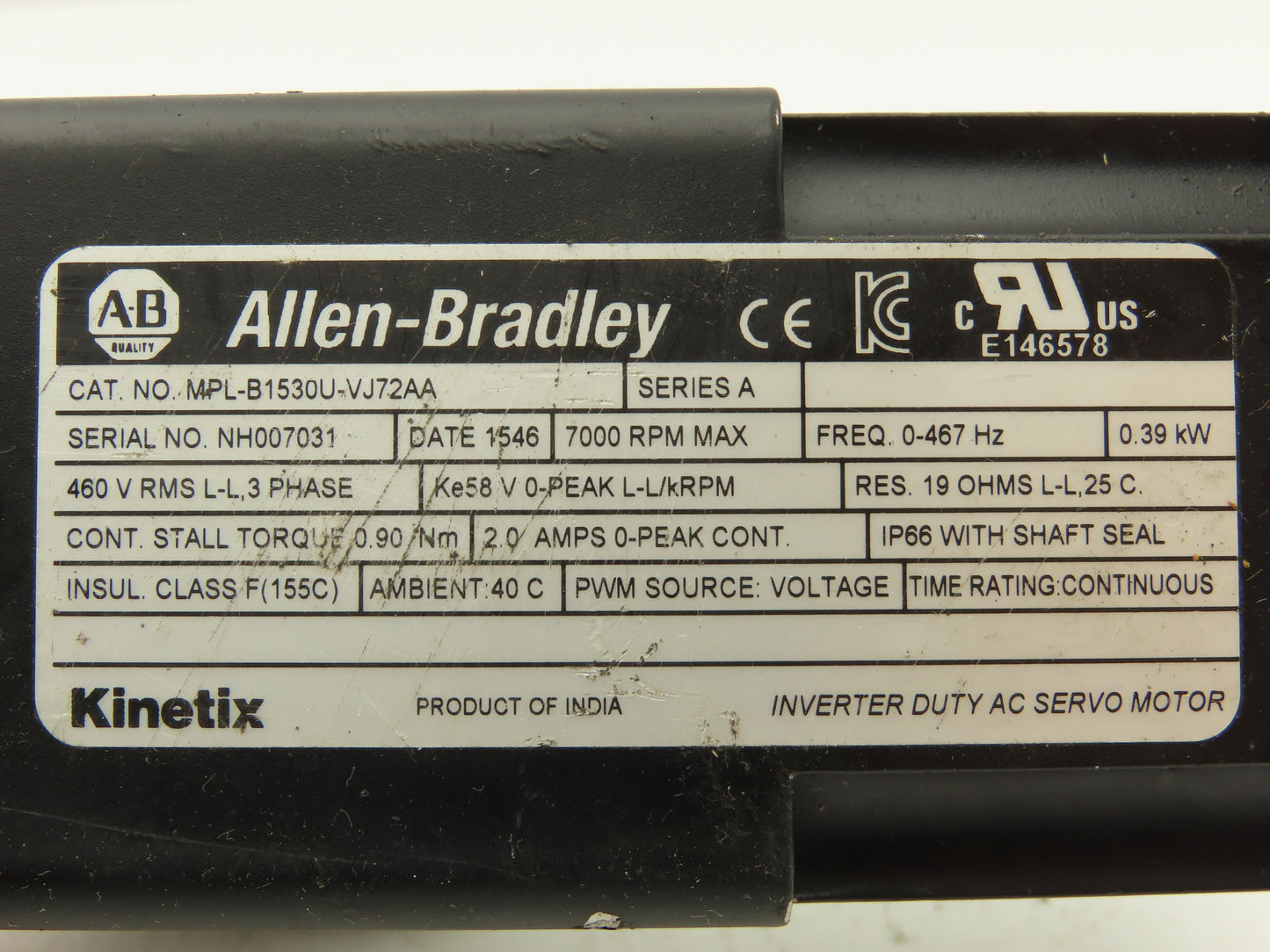 Allen Bradley MPL-B1530U-VJ72AA AC Servo Motor .39kw 460V 3PH 7000 RPM