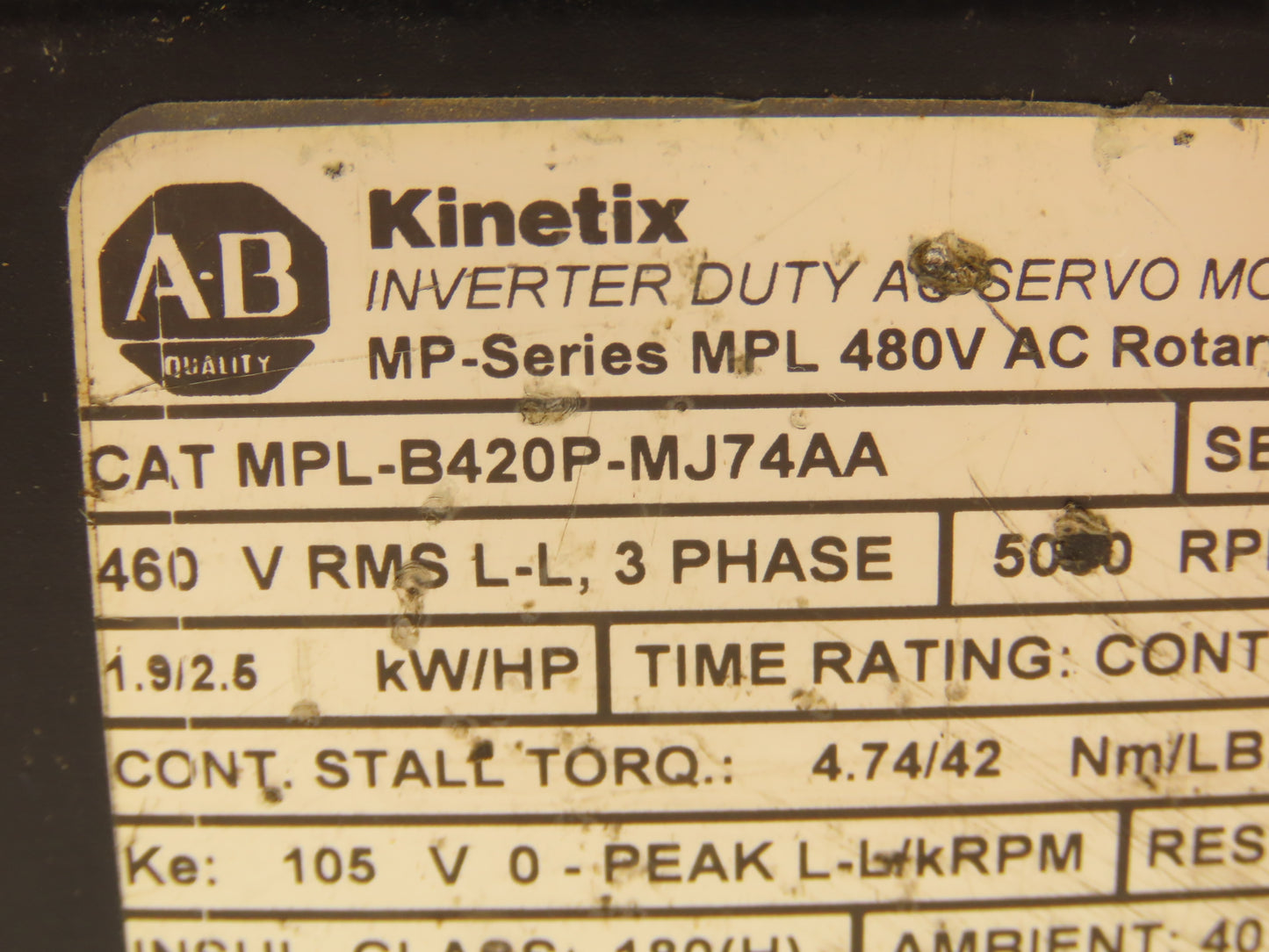 Allen Bradley MPL-B420P-MJ74AA AC Servo Motor 2.5Hp 460V 3PH 5000 RPM Ser A