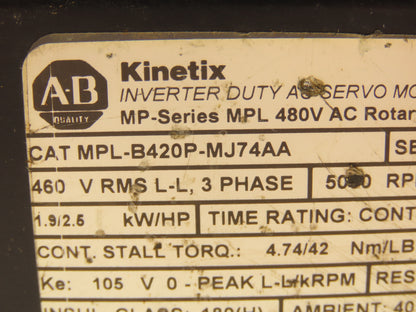 Allen Bradley MPL-B420P-MJ74AA AC Servo Motor 2.5Hp 460V 3PH 5000 RPM Ser A