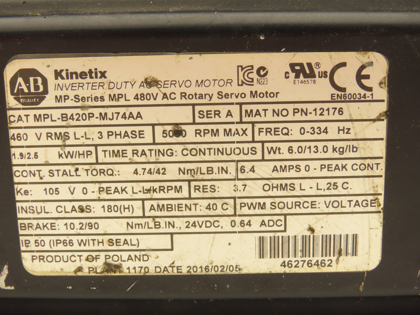 Allen Bradley MPL-B420P-MJ74AA AC Servo Motor 2.5Hp 460V 3PH 5000 RPM Ser A