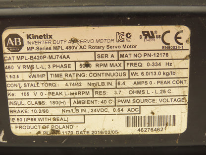 Allen Bradley MPL-B420P-MJ74AA AC Servo Motor 2.5Hp 460V 3PH 5000 RPM Ser A