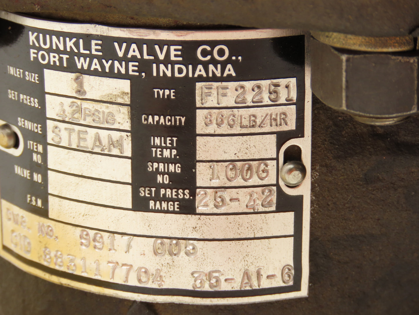 Kunkle FF2251 Safety Relief Steam Valve 1"x 1" Flanged 42 PSI