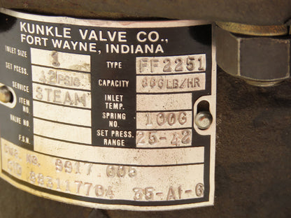 Kunkle FF2251 Safety Relief Steam Valve 1"x 1" Flanged 42 PSI