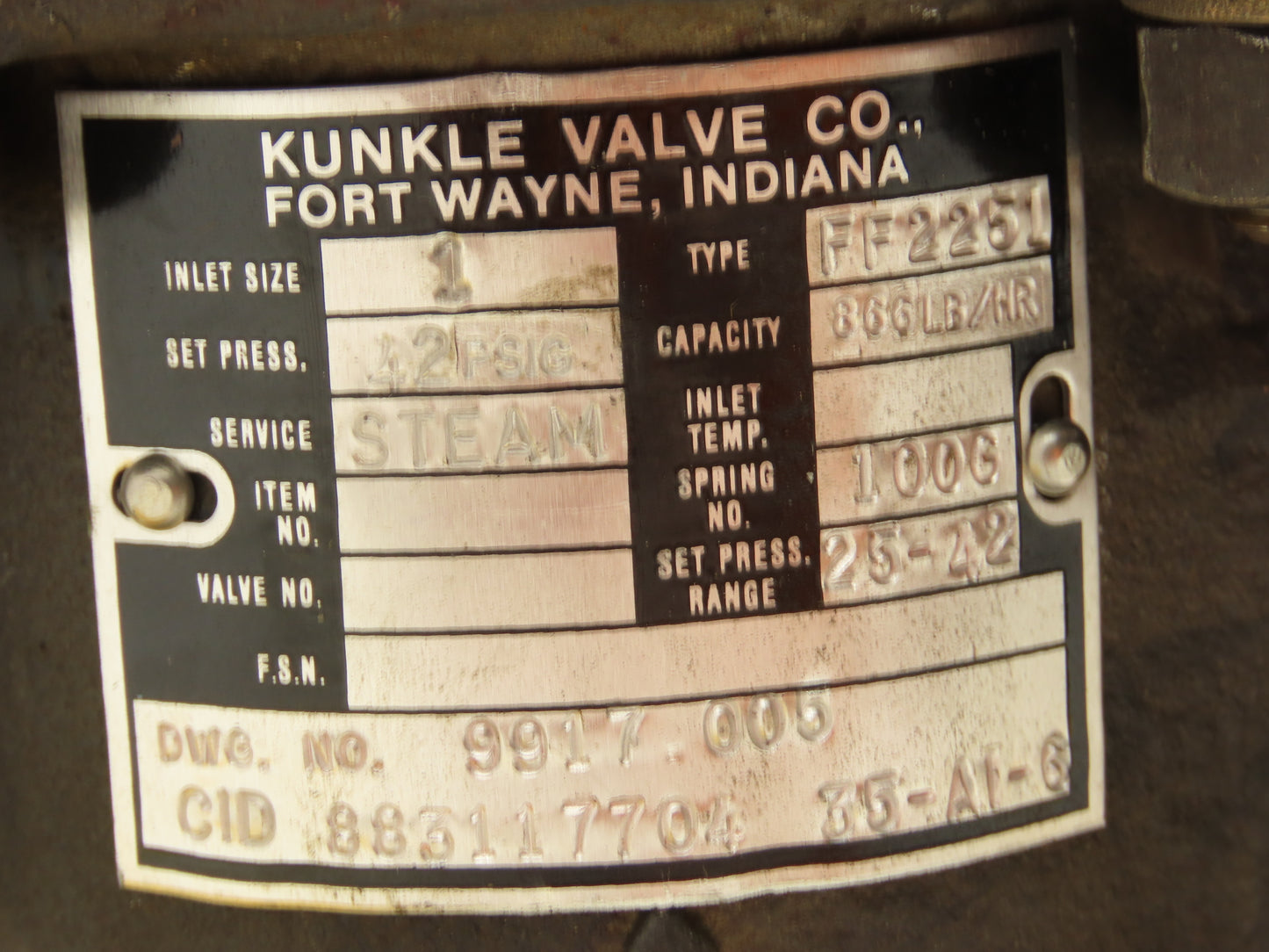 Kunkle FF2251 Safety Relief Steam Valve 1"x 1" Flanged 42 PSI