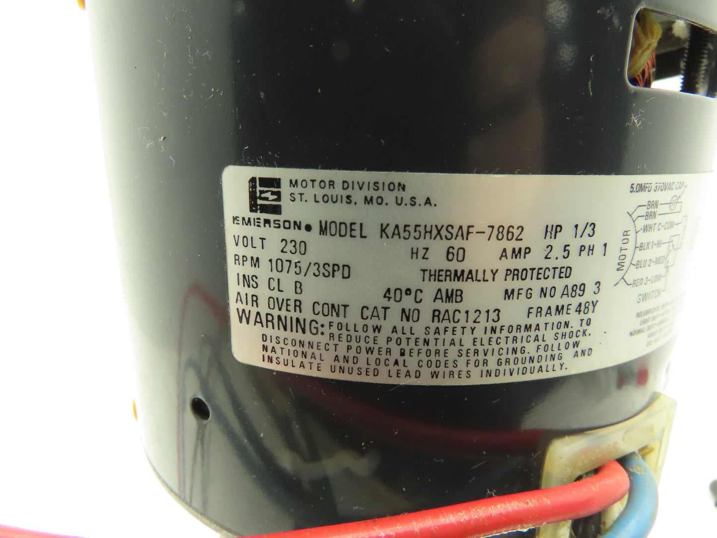 Emerson RAC 1213 AC Motor 1/3 HP 1075RPM 230V 60Hz Double Shaft