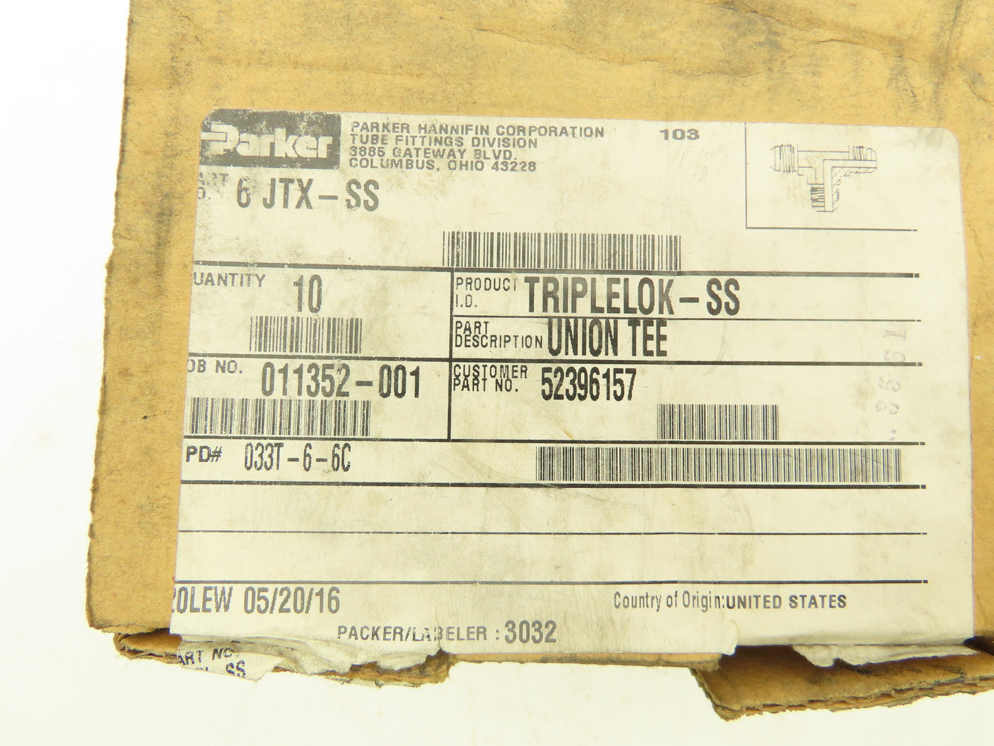 Parker 6 JTX-SS Triple-Lok 37° Flare Male Union Tee 3/8" 6000 PSI Lot of 10