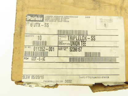 Parker 6 JTX-SS Triple-Lok 37° Flare Male Union Tee 3/8" 6000 PSI Lot of 10
