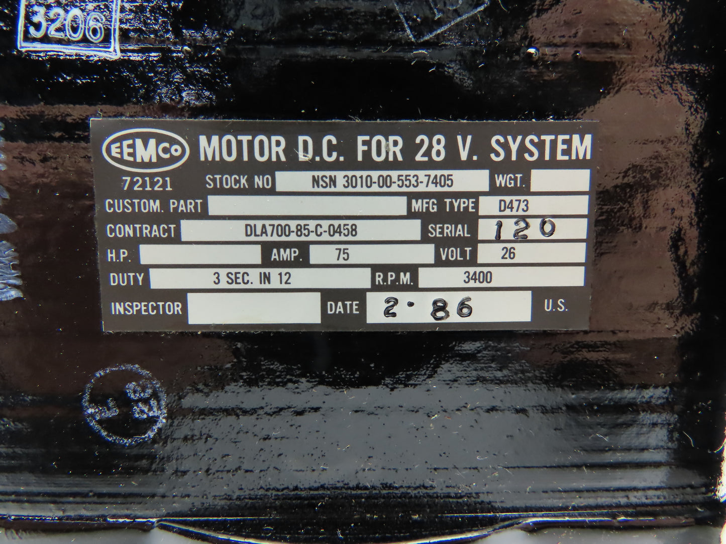 Eemco 3010005537405 Eaton D.C. Gearcase Motor 28V System 3400RPM D473 26V 75A