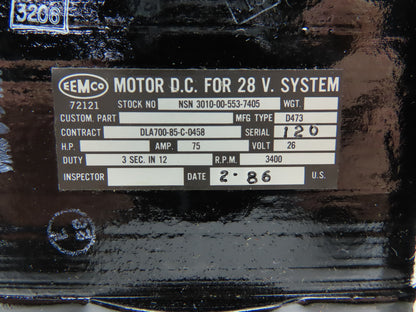 Eemco 3010005537405 Eaton D.C. Gearcase Motor 28V System 3400RPM D473 26V 75A