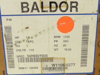 Baldor 34H650Y035 AC Motor 1/6 Hp 1725 RPM 115V 1Ph 56C TEFC