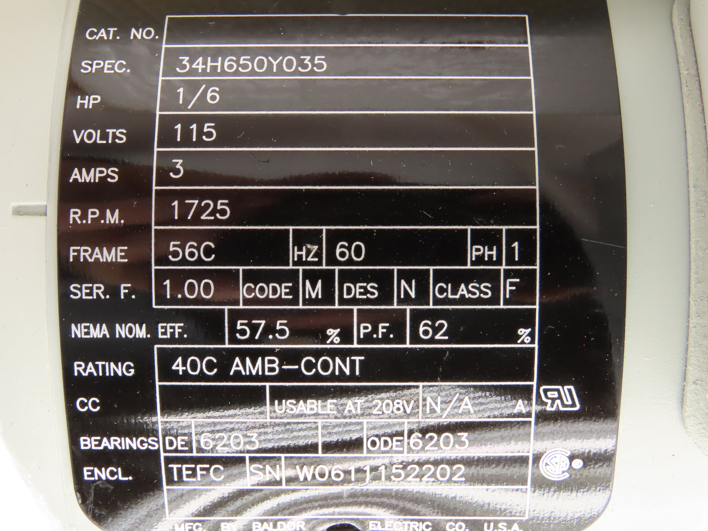Baldor 34H650Y035 AC Motor 1/6 Hp 1725 RPM 115V 1Ph 56C TEFC