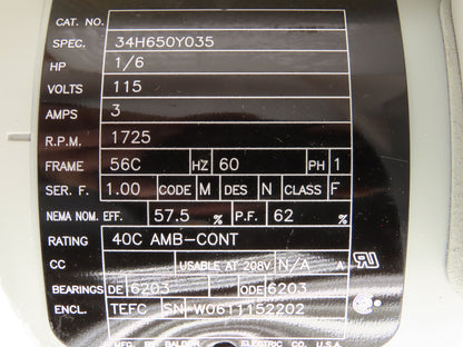 Baldor 34H650Y035 AC Motor 1/6 Hp 1725 RPM 115V 1Ph 56C TEFC