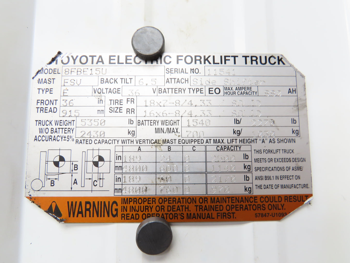 Toyota 8FBE15U Forklift Mast 189" 3-Stage Tilt Class II 2500lbs Capacity