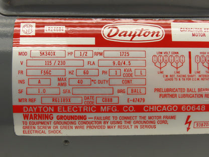Dayton 5K340X AC Capacitor Start Motor 1/2 Hp 1725 RPM 115/230V 1Ph F56C