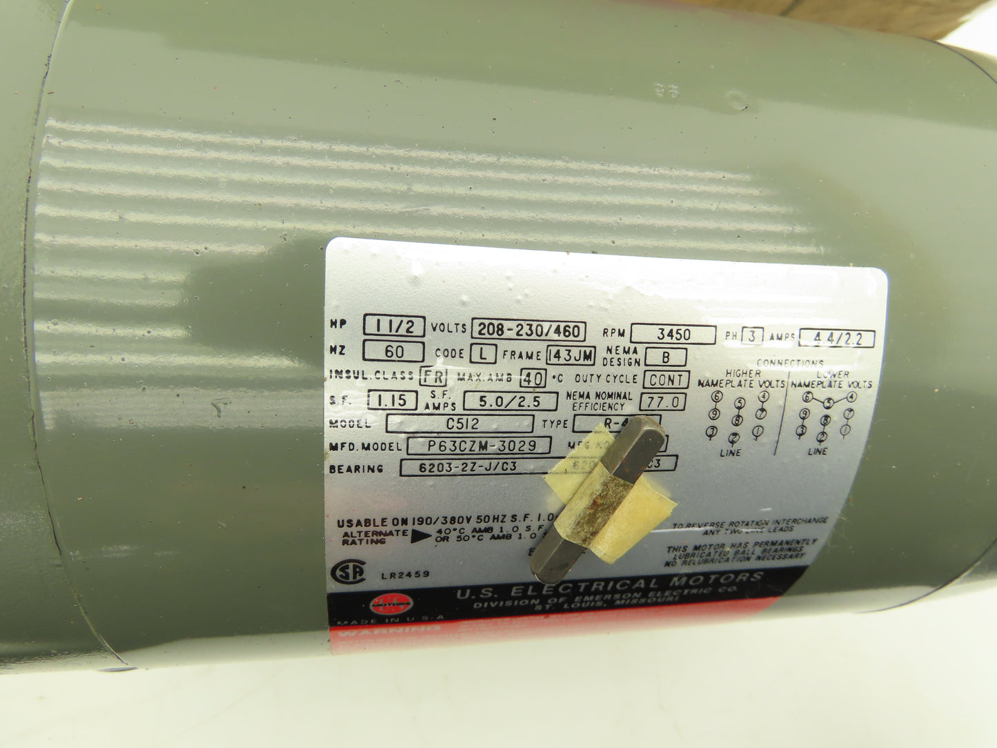 U.S. Electric Motors C512 AC Motor 1-1/2Hp 3450RPM 208-230/460V 3Ph 143JM