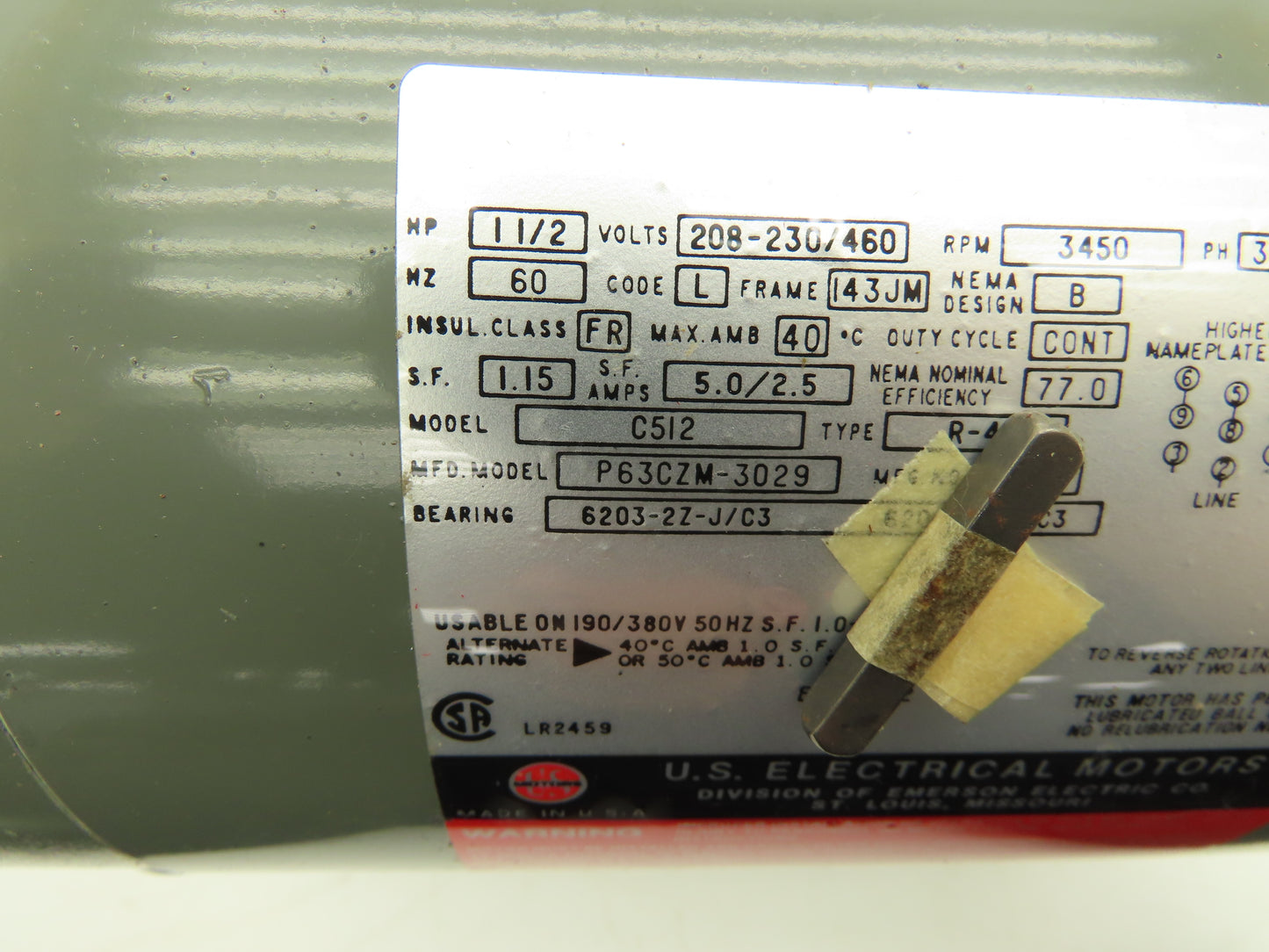 U.S. Electric Motors C512 AC Motor 1-1/2Hp 3450RPM 208-230/460V 3Ph 143JM