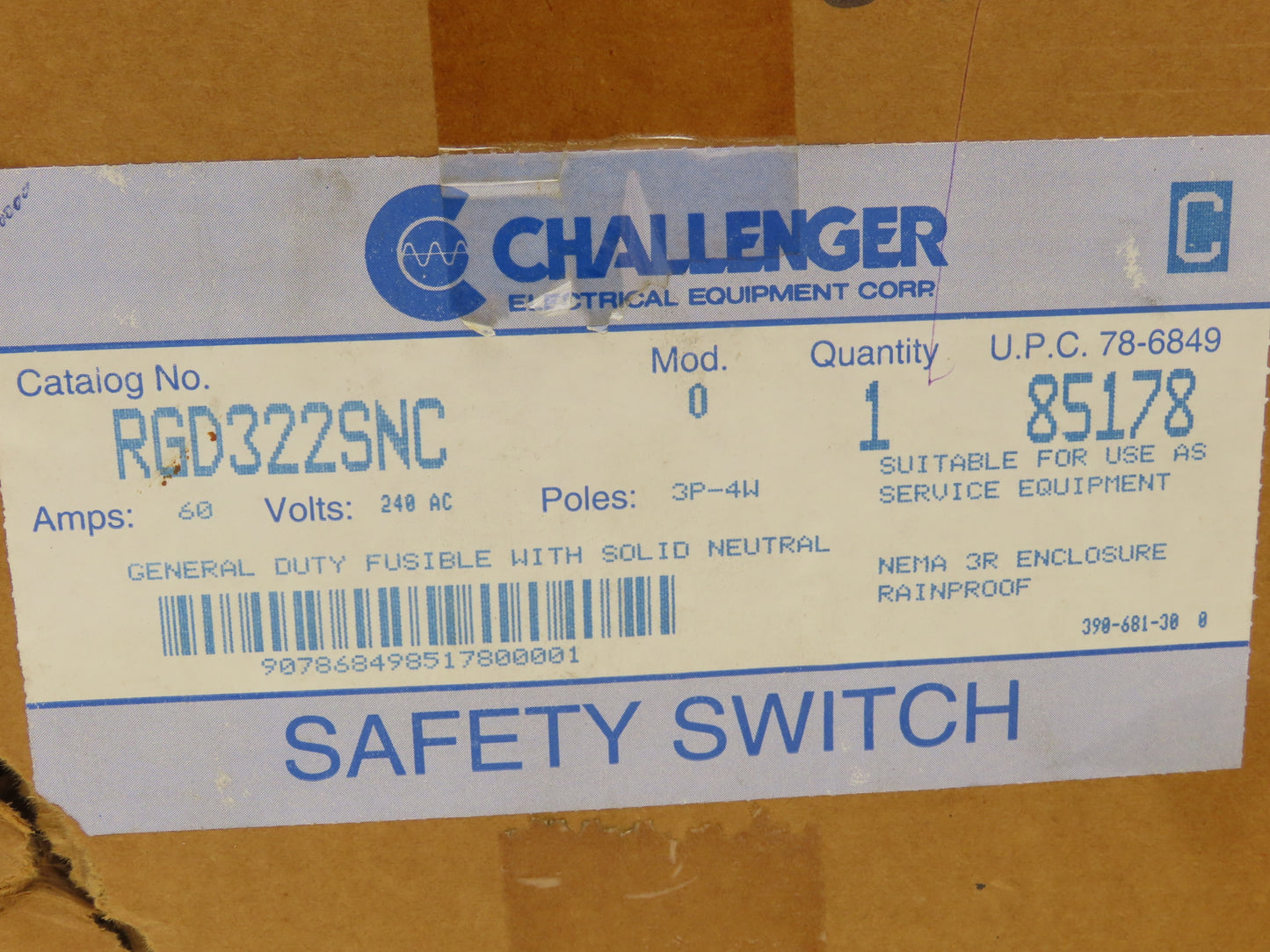 Challenger RGD322SNC Safety Disconnect Switch Fusible 60A 3 Pole 4 Wire 240V
