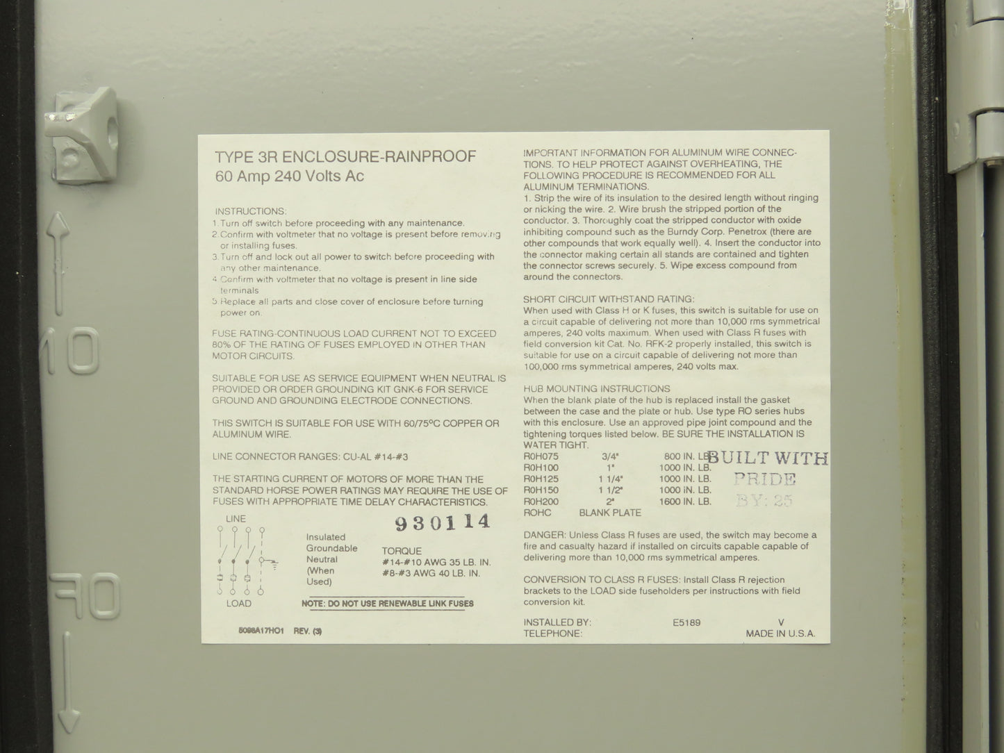 Challenger RGD322SNC Safety Disconnect Switch Fusible 60A 3 Pole 4 Wire 240V