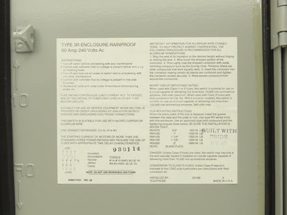 Challenger RGD322SNC Safety Disconnect Switch Fusible 60A 3 Pole 4 Wire 240V