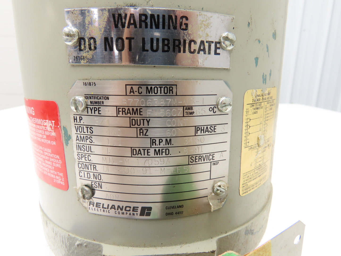 Reliance Electric B7706387M-VS-1 AC Motor 3/4Hp 3450RPM 440V 3Ph FM56CZ