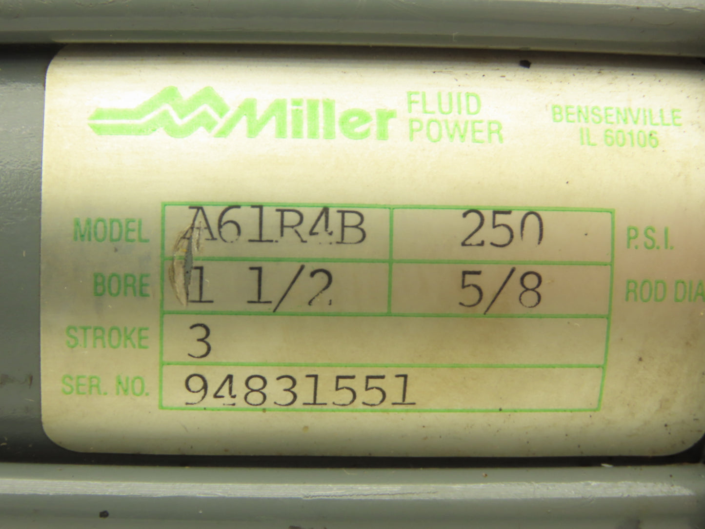 Miller Fluid Power A61R4B Pneumatic Air Cylinder 1-1/2" Bore 3" Stroke 250PSI