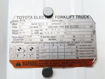 Toyota 8FBE15U Forklift Mast 189" 3-Stage Tilt Class II 2500lbs Capacity