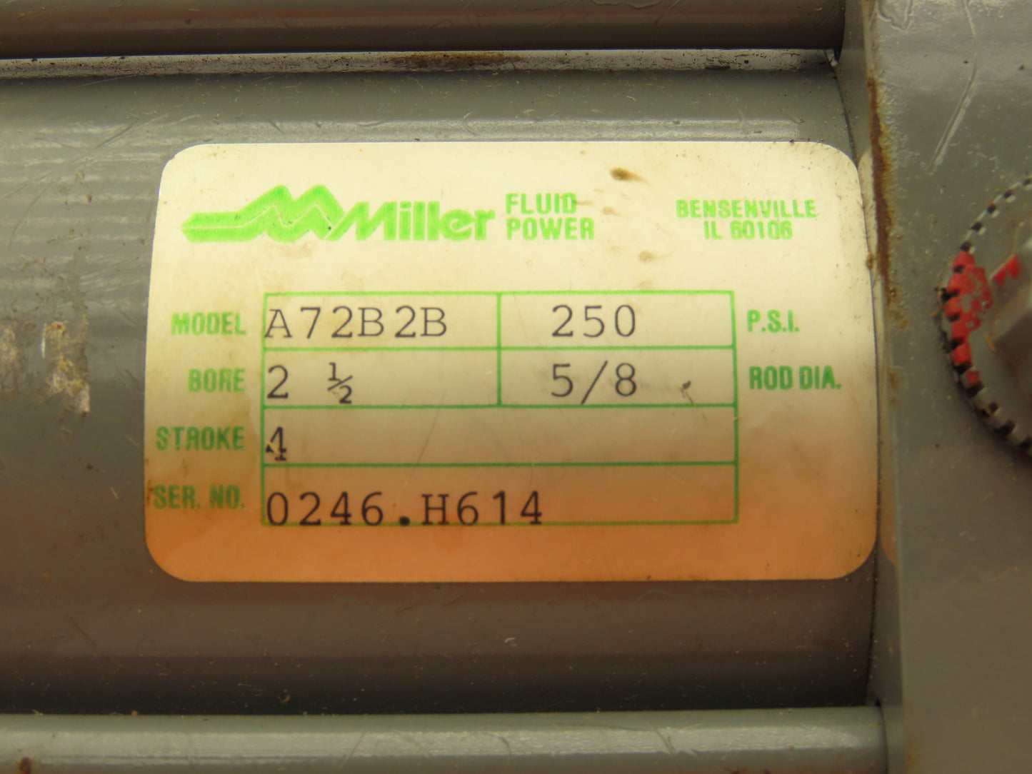 Miller Fluid Power A72B2B Pneumatic Cylinder 2-1/2" Bore 4" Stroke 250PSI