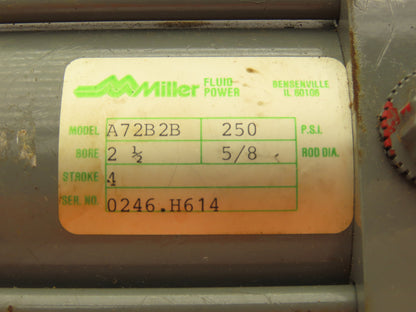 Miller Fluid Power A72B2B Pneumatic Cylinder 2-1/2" Bore 4" Stroke 250PSI