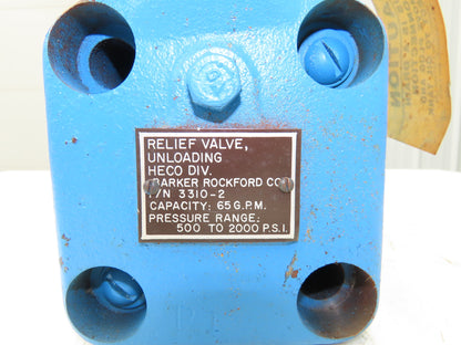 Barker Rockford 3310-2 Hydraulic Relief Valve 65gpm 500-2000 PSI