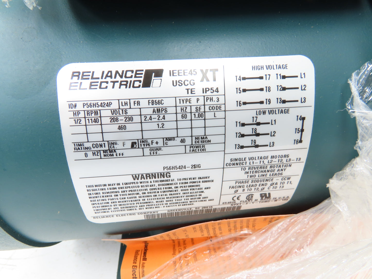 Reliance Electric P56H5424 AC Motor 1/2 HP 1140 RPM 230/460V 3Ph TE FB56C