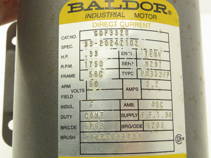 Baldor CDP3320 DC Motor 90VDC .33Hp 1750rpm 3.2A TENV 56C