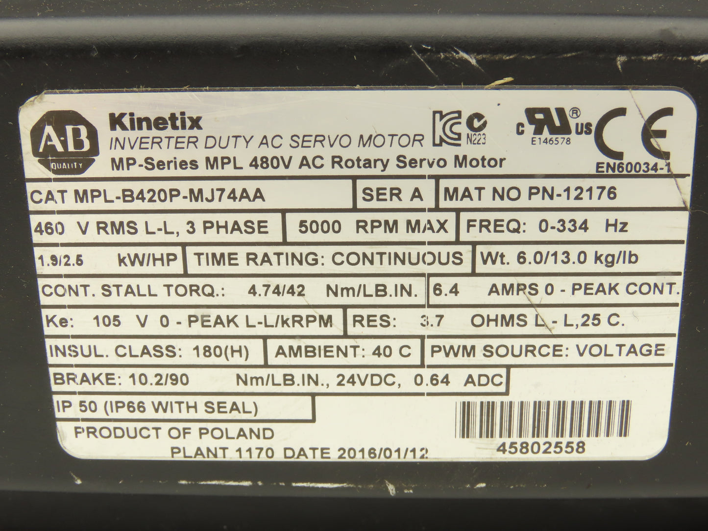 Allen Bradley Kinetix AC Servo Gearmotor 20:1 Reducer 2.5Hp 250 RPM 460V 3Ph