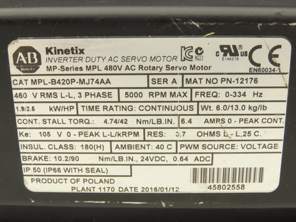 Allen Bradley Kinetix AC Servo Gearmotor 20:1 Reducer 2.5Hp 250 RPM 460V 3Ph