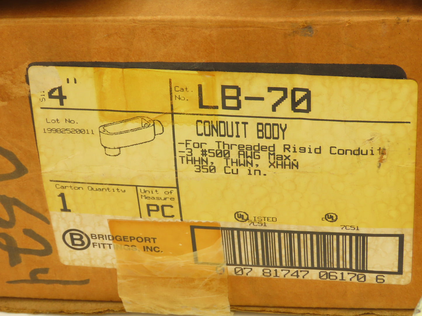 Bridgeport LB-70 4" Hub Malleable Iron LB Conduit Body Threaded Rigid