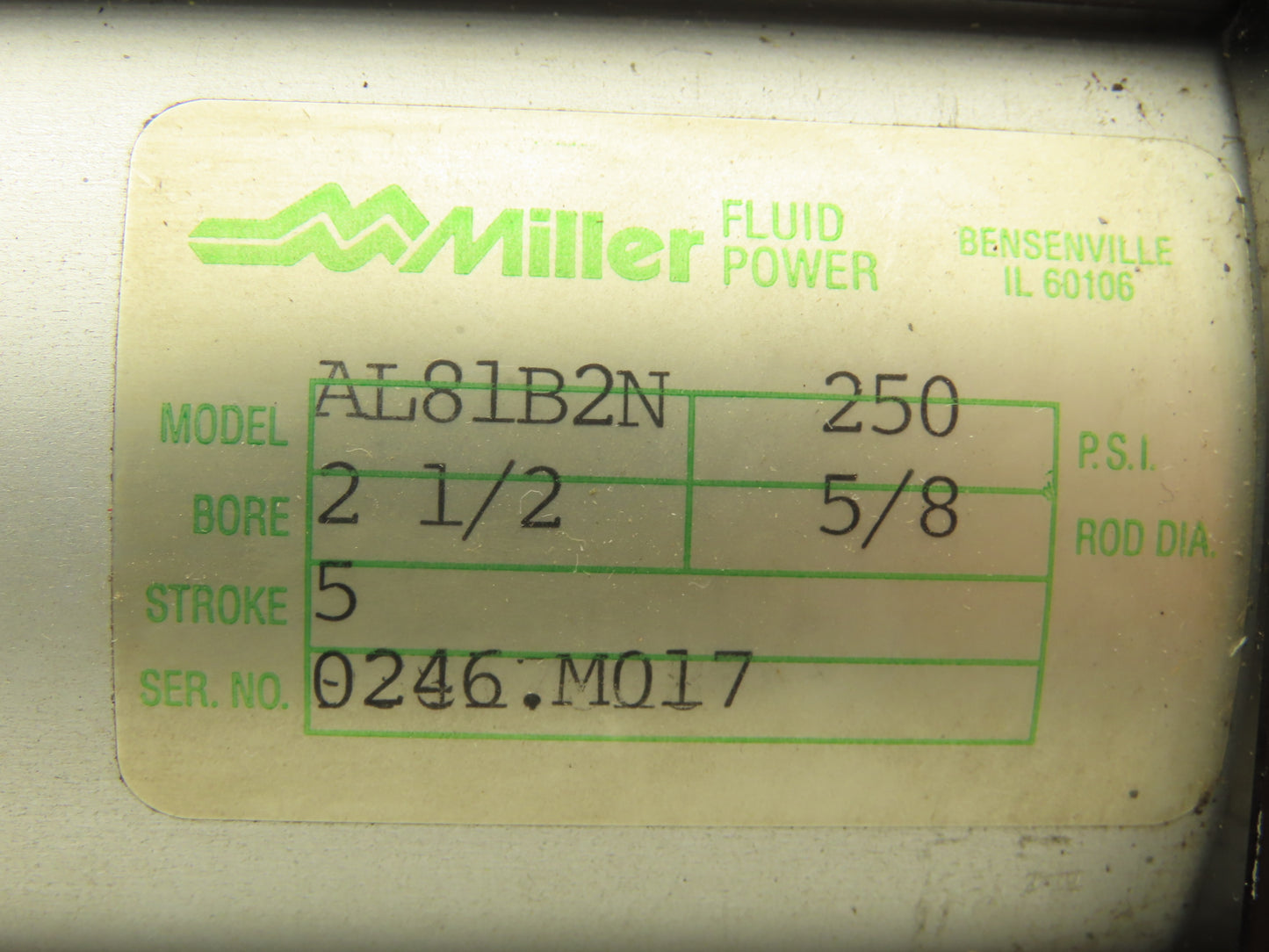 Miller Fluid Power AL81B2N Pneumatic Cylinder 2-1/2" Bore 5" Stroke 250PSI