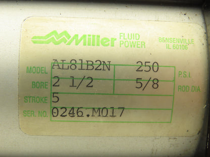 Miller Fluid Power AL81B2N Pneumatic Cylinder 2-1/2" Bore 5" Stroke 250PSI