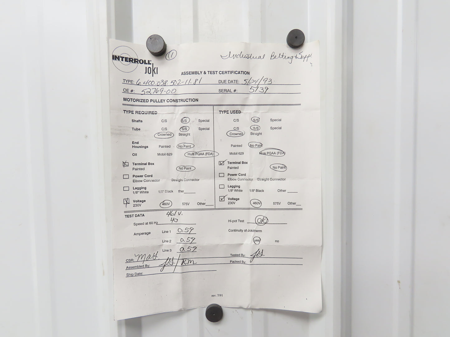 Interroll 6.400 Joki Drum Motor 138mm x 300mm 38 FPM Conveyor Roller 480V 1/4 Hp