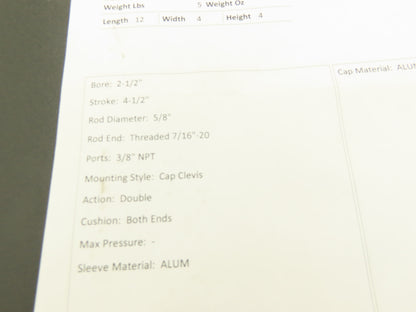 Numatics P1AM-04I1D-CAA0 Pneumatic Air Cylinder 2-1/2" Bore 4-1/2" Stroke