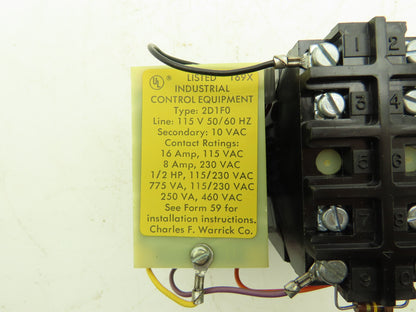 Warrick 2D1F0 Control Relay 115/230VAC 1/2Hp 10VDC Coil