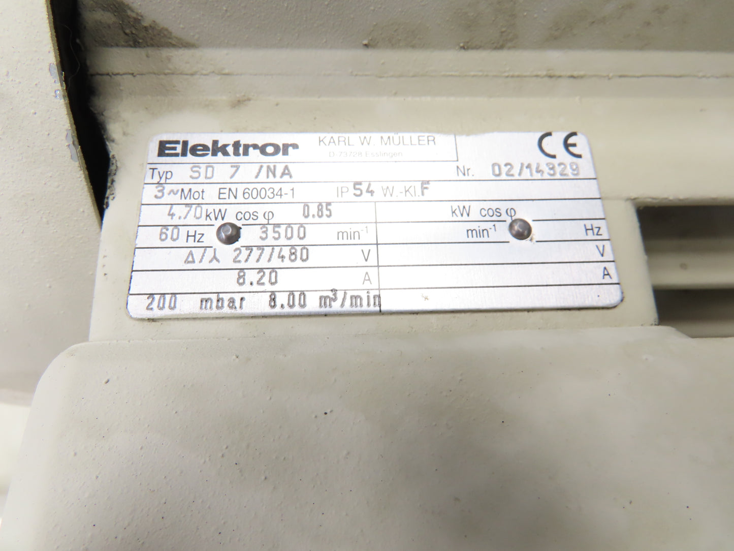 Elektror SD7/NA Regenerative Blower Vacuum Pump 4.7kW 277/480V 3PH