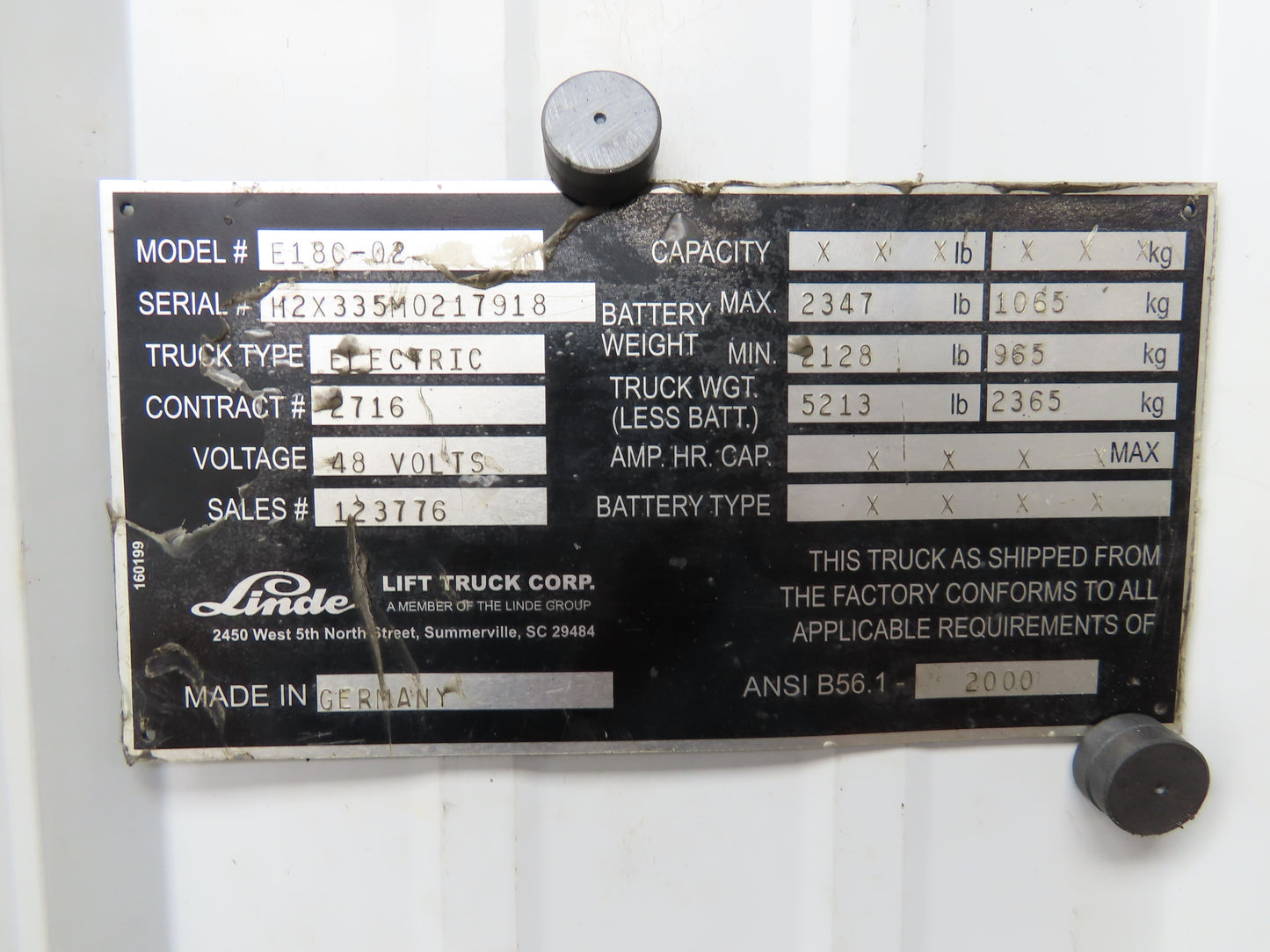 Linde 3355421001 Forklift Steering Wheel & Column W/Horn Removed From E18C-02
