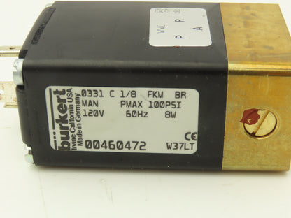 Burkert 0313 C 1/8 FKM BR Magnetic Solenoid Valve 120V 50/60 HZ 100PSI 00460472