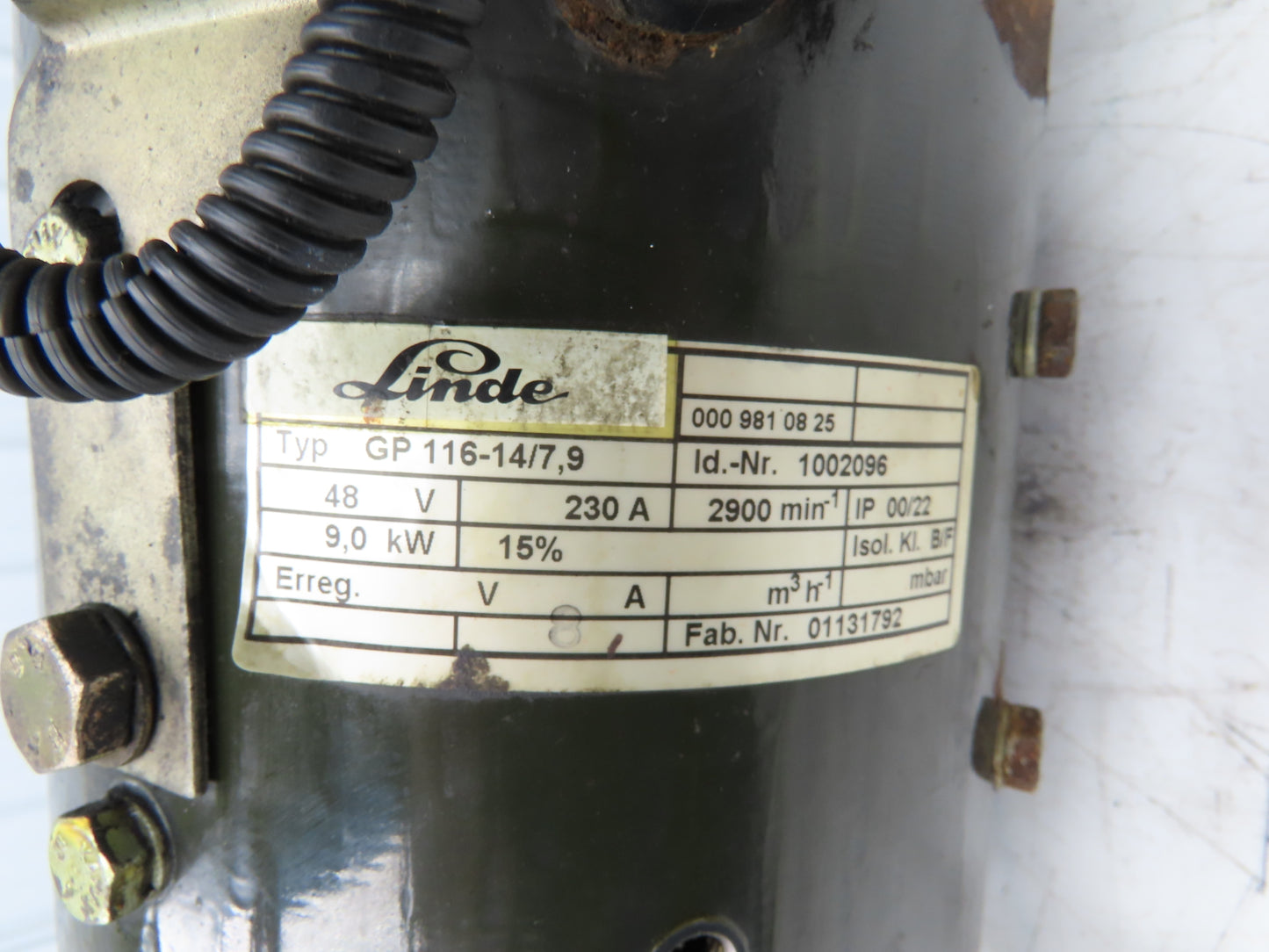 Linde GP1161479 Forklift Hydraulic Pump Motor 48VDC Removed From E18C-02