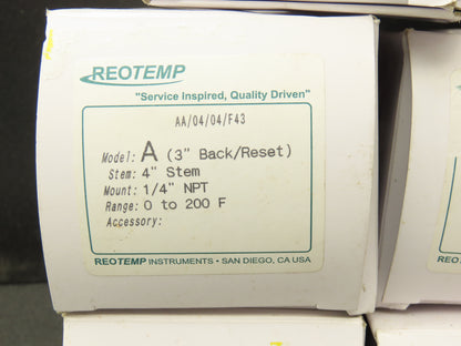 Reotemp AA/04/04/F43 Thermometer 4" Stem 1/4" NPT 3" Back 0-200° F Lot of 6